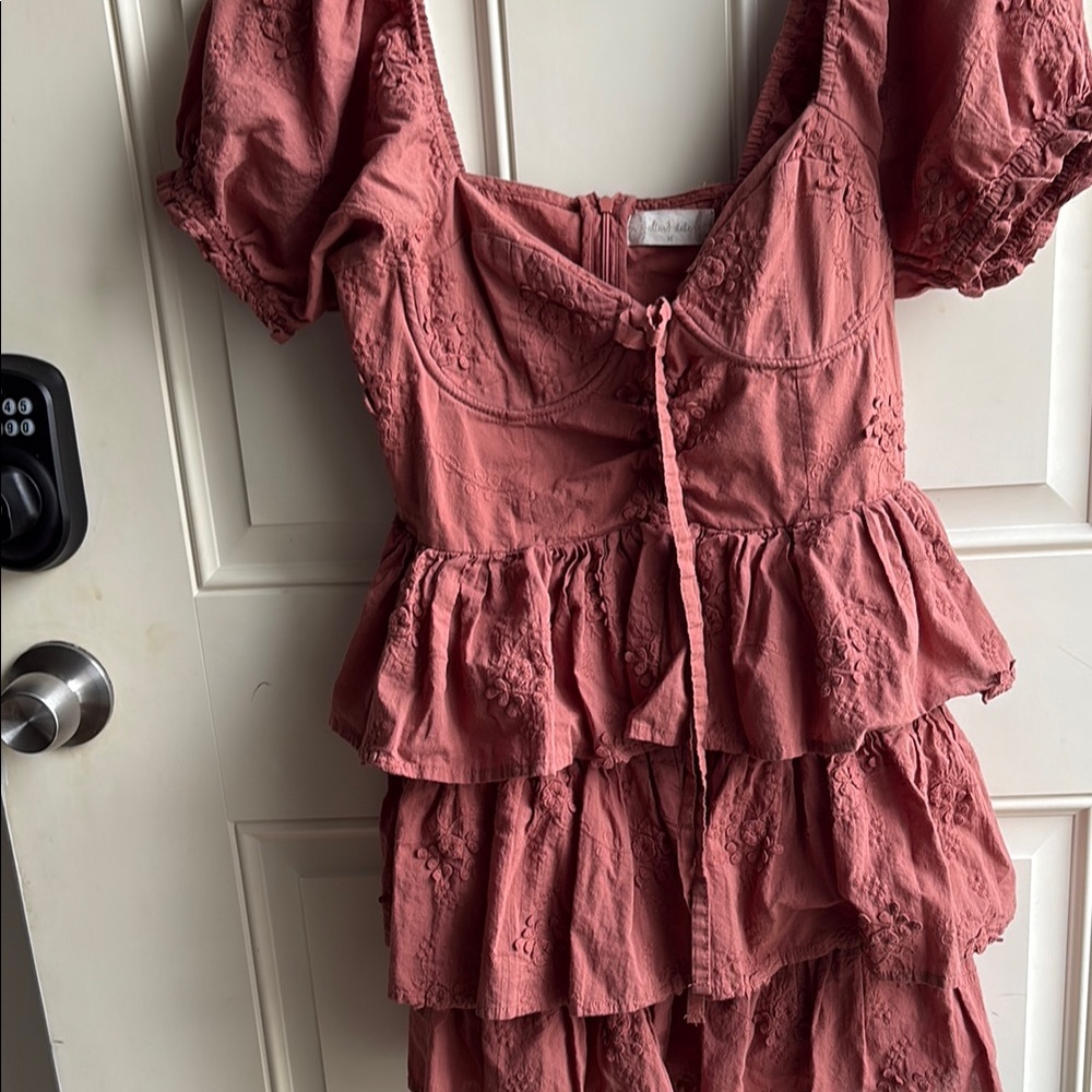 Altar'd State Pink Ruched Puff Sleeve Mini Dress